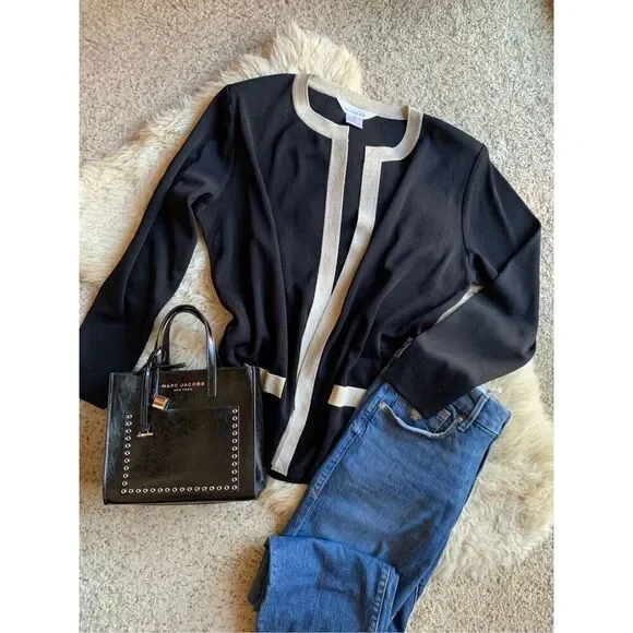 Misook Open Knit Gold Trim Cardigan Black Size M - Picture 9 of 12